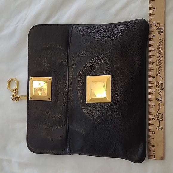 Zac Pozen Italian Black Leather Clutch with Gold Tone Hardware Unique Clasp - Picture 6 of 11